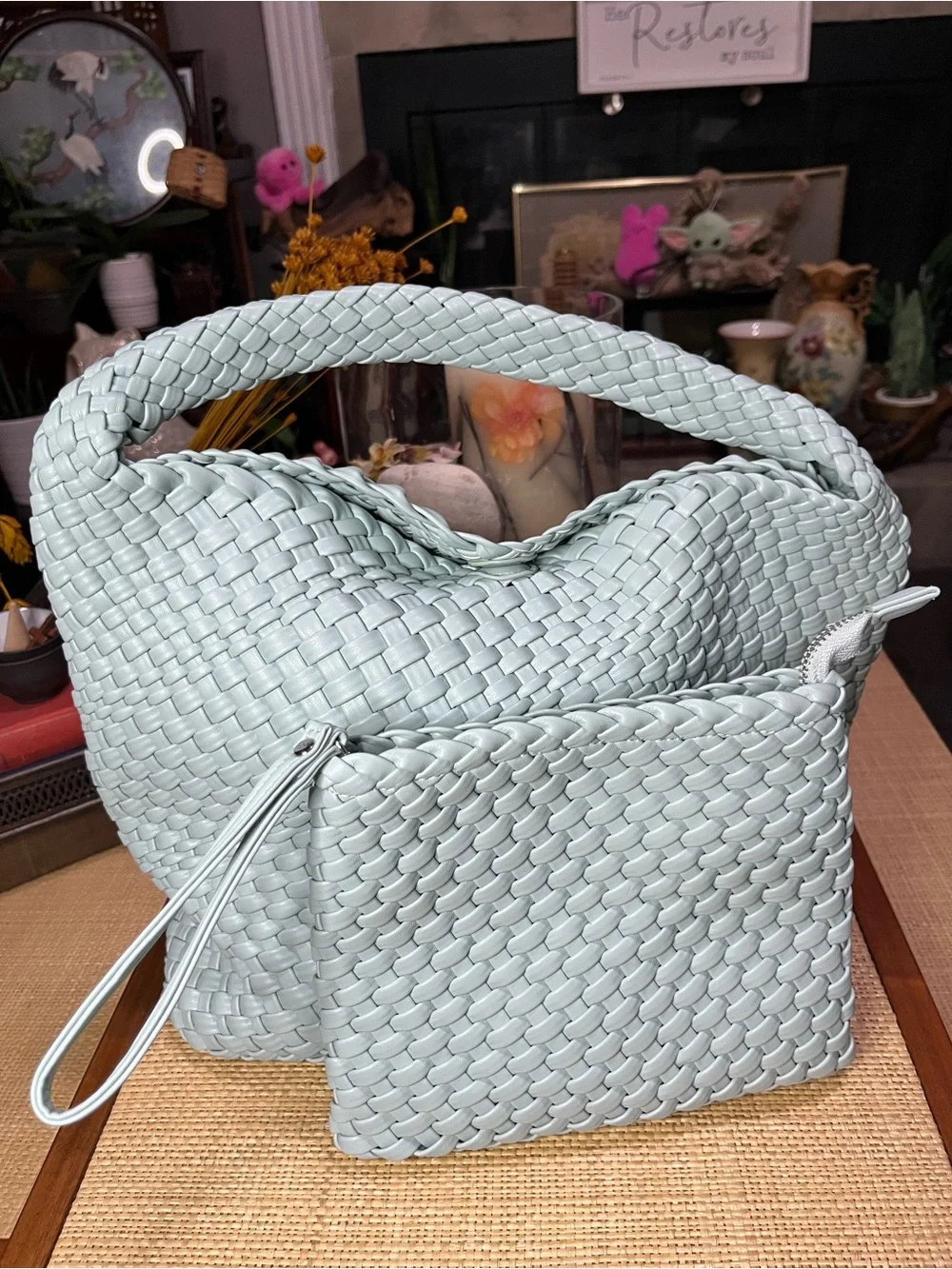 New! Rachel Zoe Woven Hobo Bag with Matching Pouch - Mint Green
